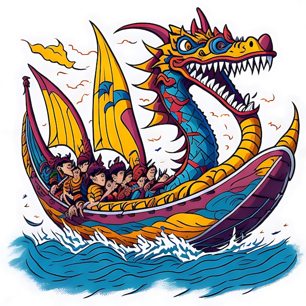 Ci sono un sacco di persone su una barca con un'immagine felice in stile cartone del Dragon Boat Festival