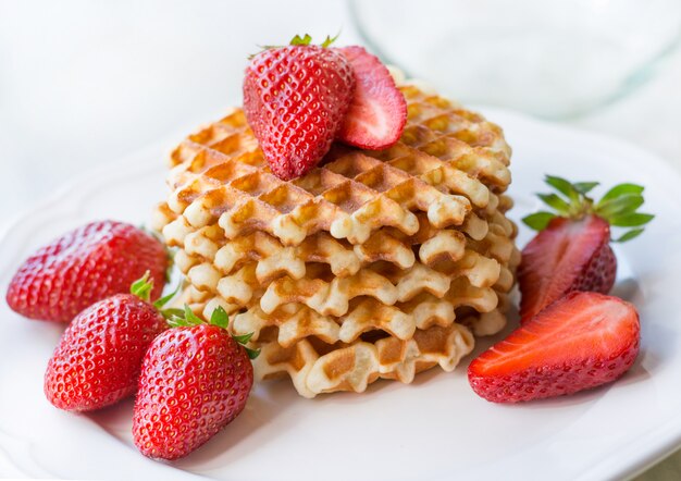 Cialde belghe con fragole sul piatto bianco.