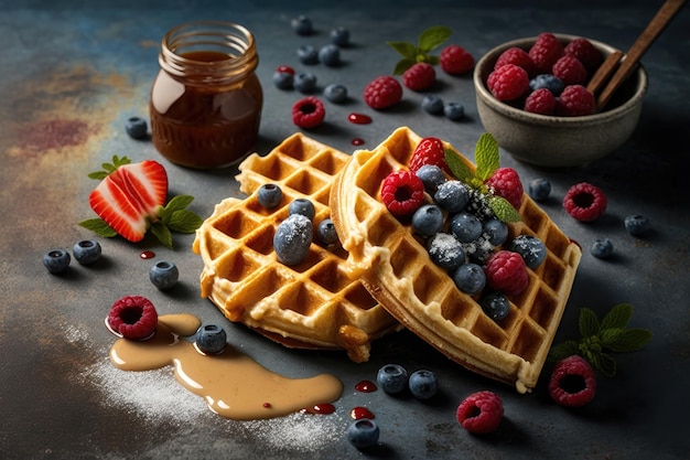 Cialde belghe con lamponi mirtilli e sciroppo colazione salutare fatta in casa AI generazione