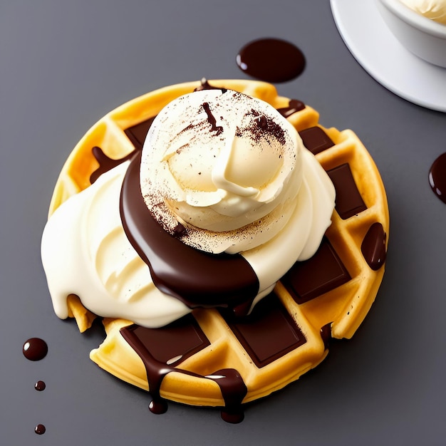 Cialde con cioccolato e gelato alla vaniglia in cima e una tazza di caffè a lato.