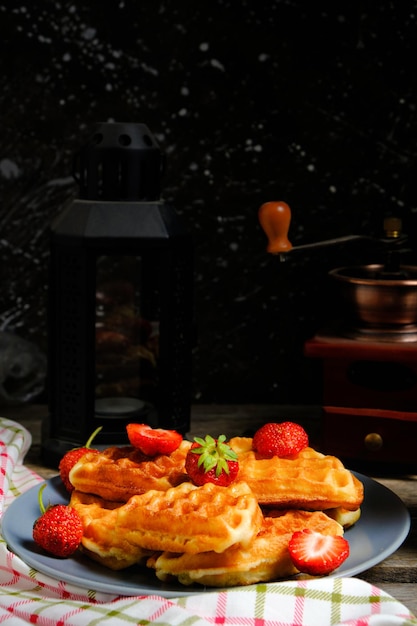 Cialde con fragole e dolci al miele su piastra su sfondo macinacaffè e lampada decorativa con candela