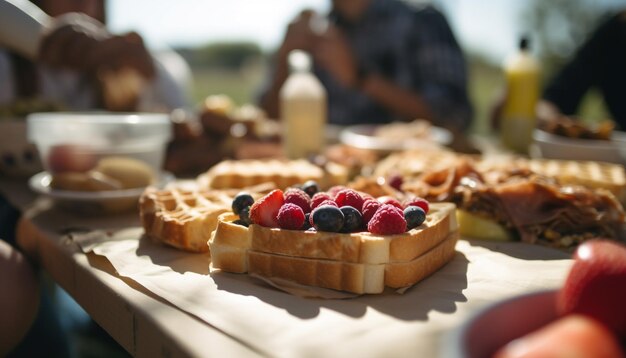 Cialde di frutti di bosco freschi sul tavolo da picnic in legno generato dall'intelligenza artificiale