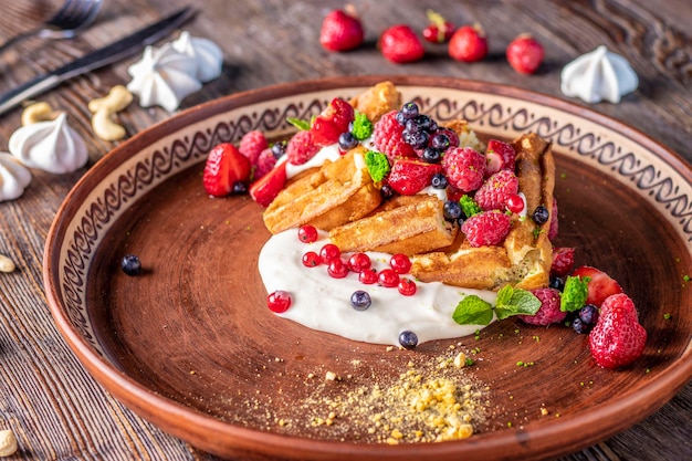 Cialde fatte in casa con salsa di frutti di bosco e crema di formaggio in un piatto su una foto orizzontale di un tavolo di legno