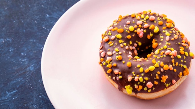 Ciambella al cioccolato su un piatto Spazio di copia