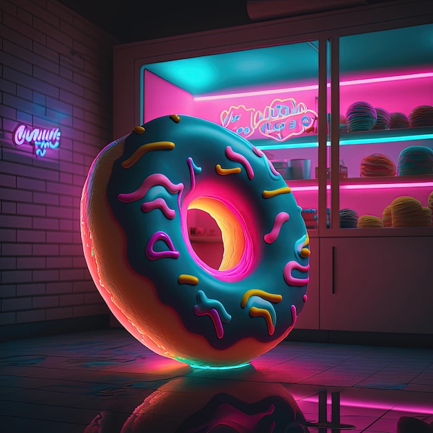 Ciambella al neon su sfondo colorato Donut day concept AI