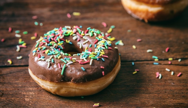 Ciambella glassa al cioccolato e spruzzi isolato tavolo in legno sfondo sfocato