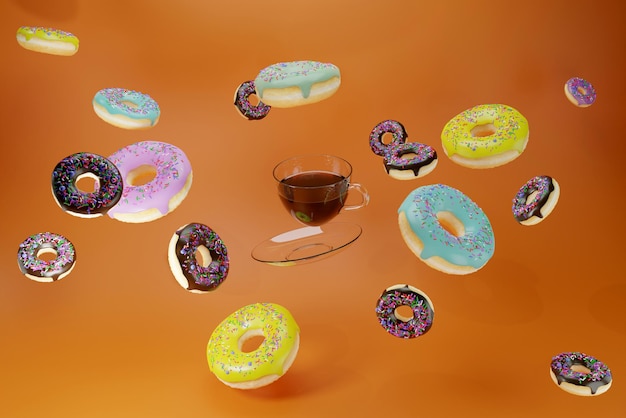 Ciambelle a levitazione smaltate realistiche e rendering 3d di caffè Ciambelle con diversi smalti di cioccolato e frutta intorno alla tazza di vetro del piattino da caffè nero su sfondo arancione brillante