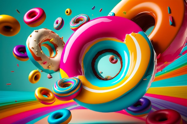 Ciambelle colorate che volano in aria su sfondo colorato IA generativa