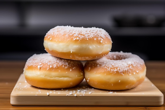 Ciambelle dolci con zucchero a velo sul tavolo di legno in cucina