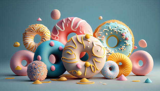 Ciambelle stile 3D Composizione di ciambelle forme e colori vibranti Astratto scena di sfondo isolato