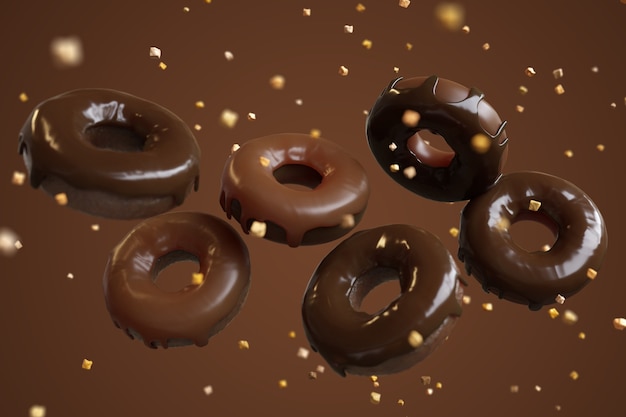 Ciambelle volanti Glassate al cioccolato con gocce di cioccolato spruzzate sullo sfondo. Rendering 3D