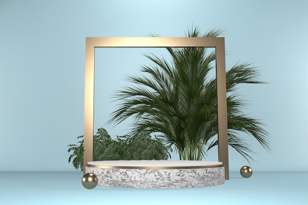 Ciano granito tropicale Podio geometrico e decorazione di piante su sfondo nero .3D rendering