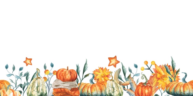 Ciao autunno banner Bordo senza giunture di zucca Illustrazione dell'acquerello