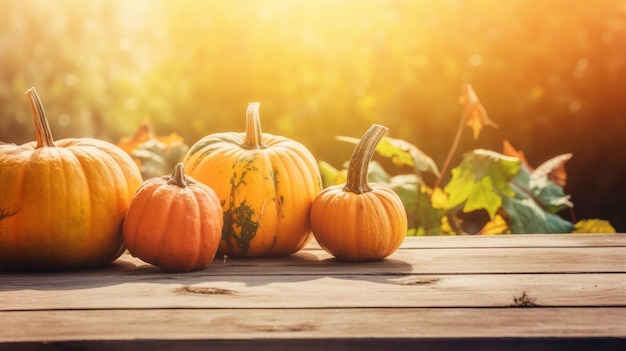 Ciao autunno zucche su sfondo di legno invecchiato AI generato