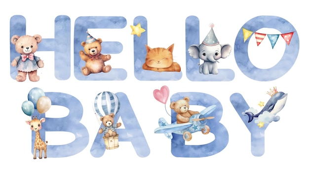 Ciao baby word sticker elemento png disegno ad acquerello blu modificabile