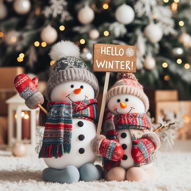 Ciao inverno benvenuto con il pupazzo di neve tenere ciao sfondo tavola invernale