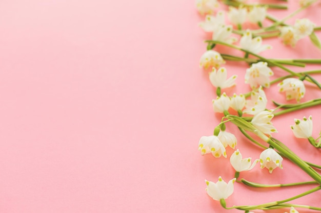 Ciao primavera Bordo dei fiori su carta rosa Elegante biglietto di auguri floreale con spazio per il testo