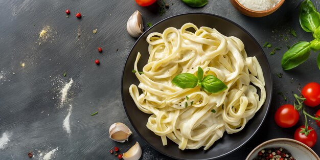 Cibi deliziosi con pasta al dente e verdure fresche su un piatto nero