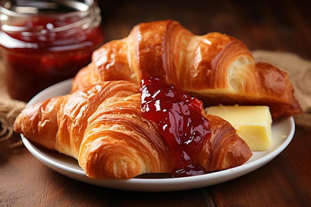 Cibi deliziosi per la colazione Croissant francesi con marmellata e burro