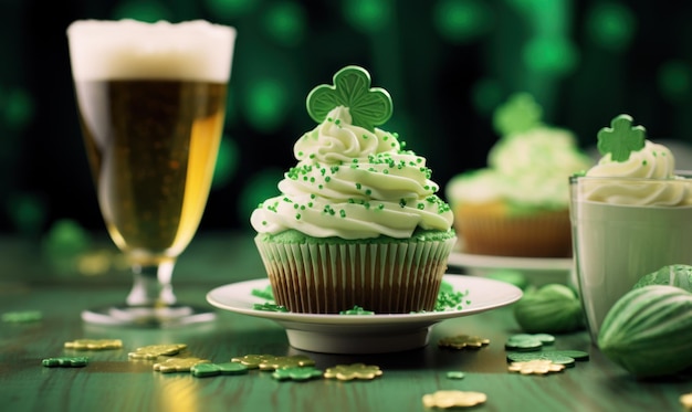 Cibi e bevande di colore verde su un tavolo come birra verde e cupcakes il giorno di San Patrizio