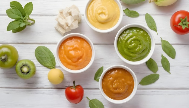 Cibi per bambini Diverse puree per bambini a base di verdure e frutta fresche su uno sfondo bianco di legno