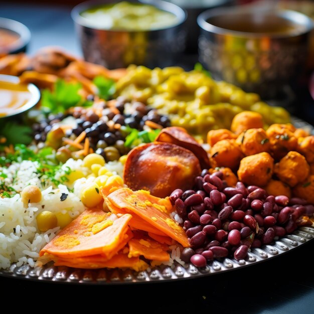 Cibi tradizionali indiani Piatti indiani assortiti tra cui riso ceci lenticchie verdure e carne