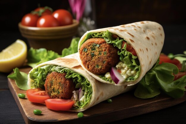 Cibi vegani freschi e salutari gustosi Falafel avvolti in pane senza glutine su tavolo di legno con