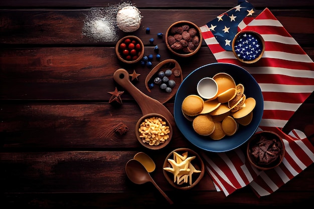 Cibo a tema americano patriottico del 4 luglio Scena del tavolo con vista dall'alto su uno sfondo di banner in legno scuro