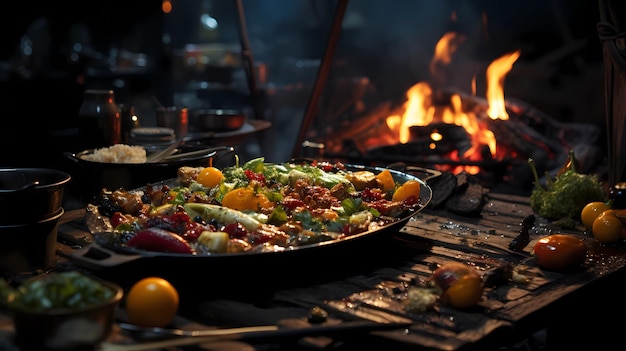 Cibo accanto al fuoco o al fornello da campeggio