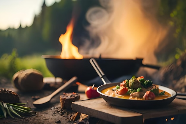 Cibo alla griglia con un fuoco sullo sfondo