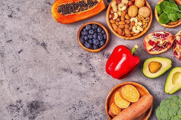 Cibo antietà sano frutta verdura noci Vista dall'alto