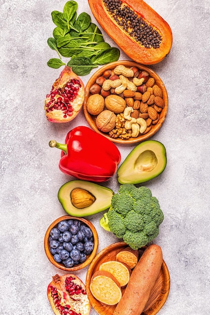 Cibo antietà sano frutta verdura noci Vista dall'alto