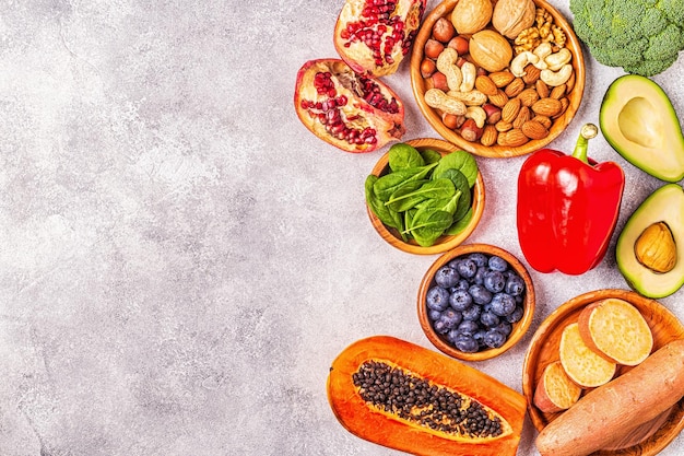 Cibo antietà sano frutta verdura noci Vista dall'alto