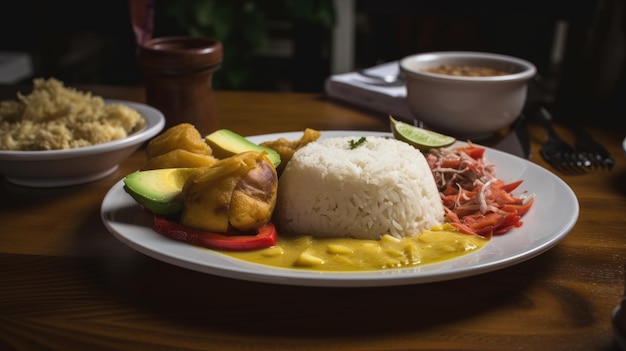 Cibo colombiano un primo piano di un piatto Paisa appena cucinato servito su un tavolo di legno rustico