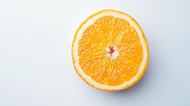Cibo di agrumi forma arancione di vitamina C piatto disteso su sfondo bianco spazio di copia IA generativa