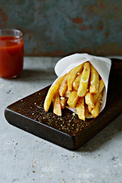 Cibo di patate. Patate al forno con spezie e sale.