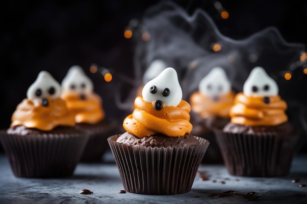 Cibo dolce per i cupcake di Halloween Ghost decorati con decorazioni ispirate a Halloween nello stile dell'IA generativa arancione scuro e marrone scuro