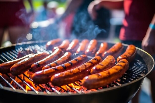 cibo e concetto di tempo in famiglia giovane che griglia salsicce al barbecue a una festa in giardino estiva