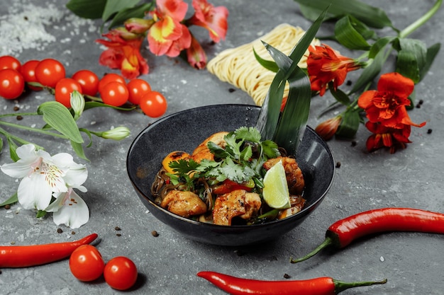 Cibo giapponese: spaghetti Soba con pollo e verdure.