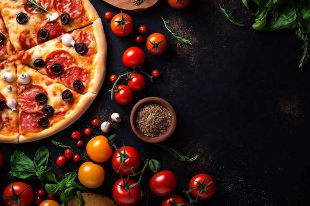 cibo italiano basilico formaggio cibo pasto sfondo pizza spazio copia veloce pomodoro nero AI generativa