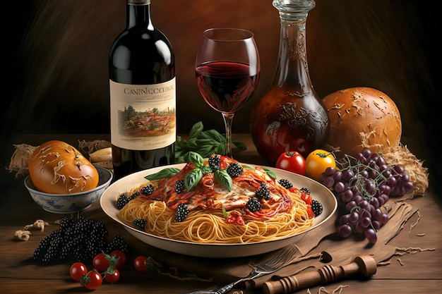 Cibo italiano con vino rosso