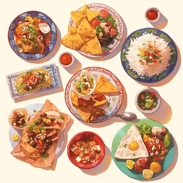 Cibo messicano su sfondo bianco assortimento colorato di cibo su una tavola tra cui tacos di riso e una varietà di verdure