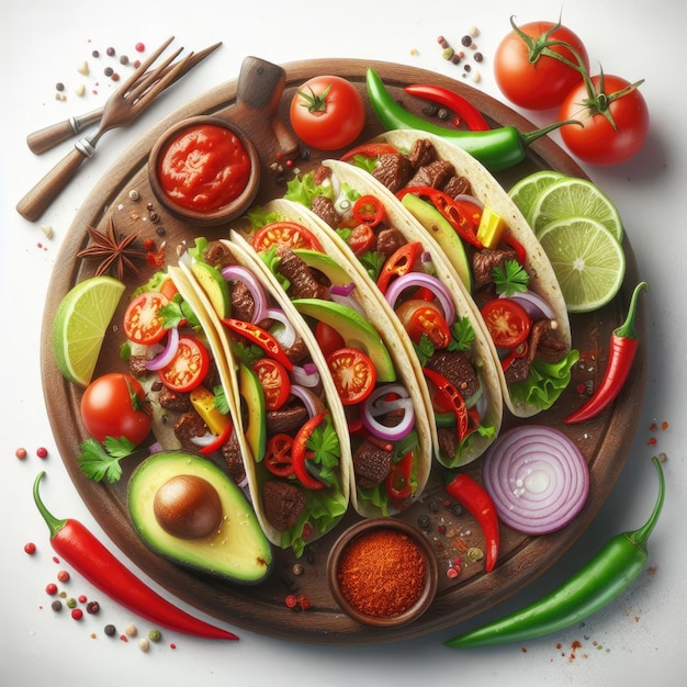 cibo messicano tacos pollo fritto salsa verdi mango avocado pepe cavolo rosso in tortilla