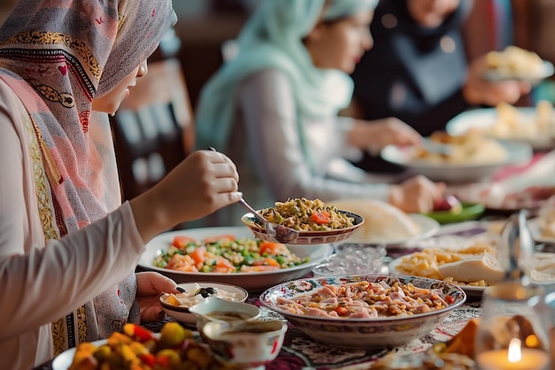 Cibo musulmano su un tavolo da pranzo a casa durante il Ramadan Famiglia tradizionale musulmana Bokeh