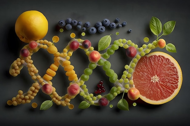 Cibo OGM e colture geneticamente modificate o concetti di agricoltura ingegnerizzata frutta e verdura Rete neurale generata arte