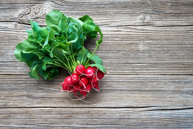 Cibo organico. Mazzo di ravanello rosso su fondo di legno rustico.