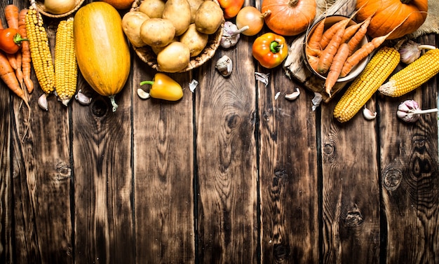 Cibo organico. Verdure autunnali gialle. Sullo sfondo di legno