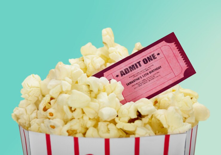 Foto cibo per popcorn in scatola e biglietto sullo sfondo