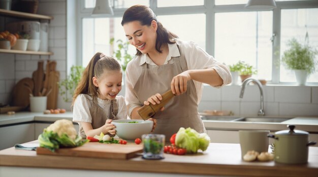 Cibo sano a casa Famiglia felice in cucina Madre e figlia figlia stanno preparando un pasto adeguato