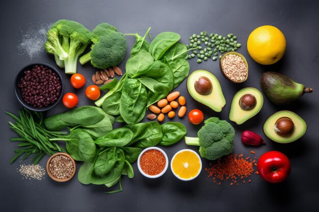 Cibo sano, cibo pulito, selezione di frutta, verdura, legumi e supercibi